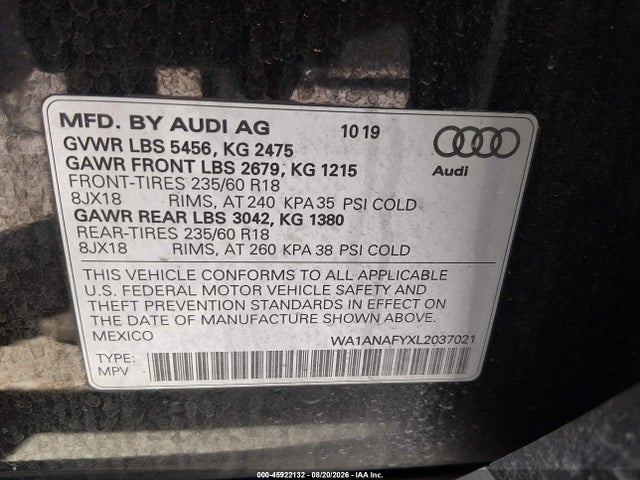 Продажа на аукционе авто 2020 Audi Q5 Premium 45 Tfsi Quattro S Tronic/titanium Premium 45 Tfsi Quattro S Tronic, vin: WA1ANAFYXL2037021, номер лота: 45922132