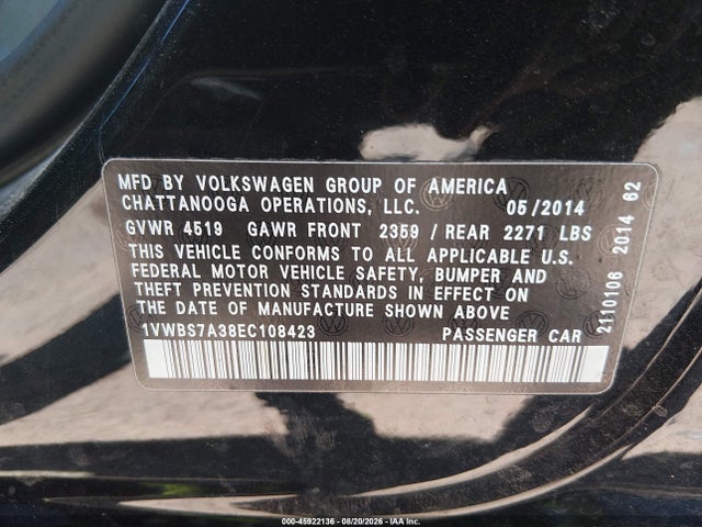 1VWBS7A38EC108423 Volkswagen Passat 1.8t Se