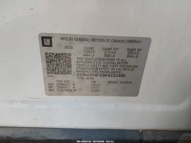 Aukcja sprzedaży 2019 Chevrolet Equinox Ls, vin: 2GNAXHEV5K6122485, numer aukcji: 45922139