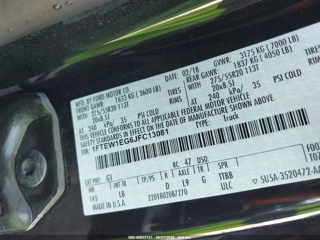 Продажа на аукционе авто 2018 Ford F-150 Lariat, vin: 1FTEW1EG6JFC13081, номер лота: 45922141