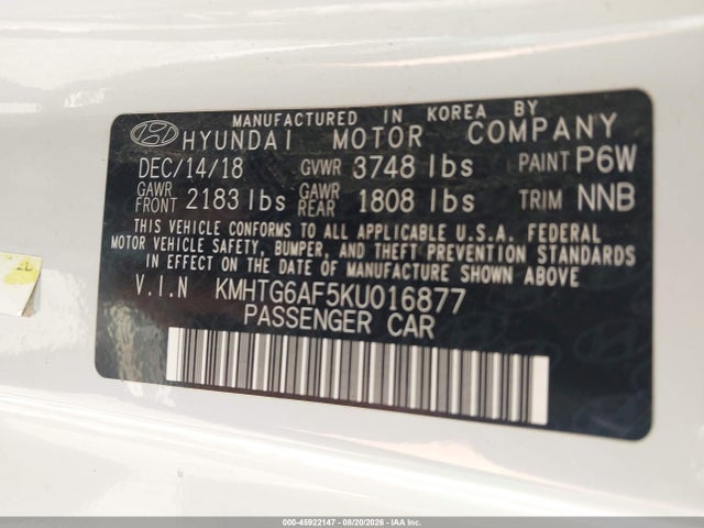 Aukcja sprzedaży 2019 Hyundai Veloster 2.0, vin: KMHTG6AF5KU016877, numer aukcji: 45922147