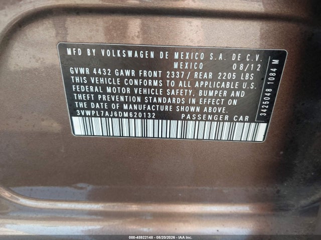 2013 Volkswagen Jetta Sportwagen 2.0l Tdi მანქანა იყიდება აუქციონზე, vin: 3VWPL7AJ6DM620132, აუქციონის ნომერი: 45922148