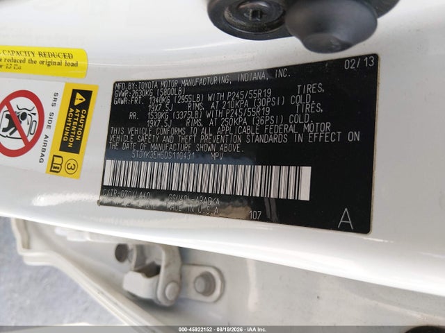 45922152 :رقم المزاد ، 5TDYK3EH5DS110431 vin ، 2013 Toyota Highlander Limited V6 مزاد بيع