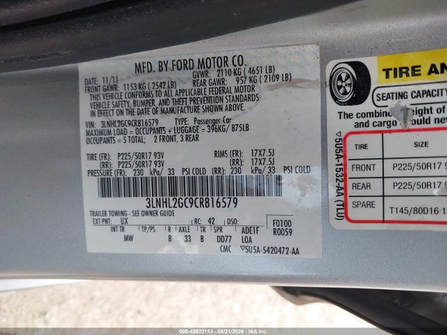Продаж на аукціоні авто 2012 Lincoln Mkz, vin: 3LNHL2GC9CR816579, номер лоту: 45922153