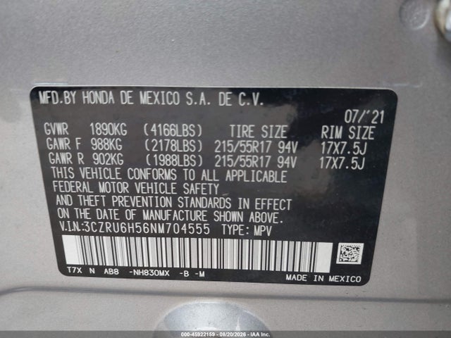 Aukcja sprzedaży 2022 Honda Hr-v Awd Ex, vin: 3CZRU6H56NM704555, numer aukcji: 45922159