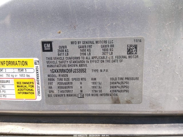Продажа на аукционе авто 2015 Gmc Acadia Slt-1, vin: 1GKKRRKD9FJ233952, номер лота: 45922170
