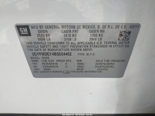 Aukcja sprzedaży 2011 Cadillac Srx Luxury Collection, vin: 3GYFNDEY4BS604402, numer aukcji: 45922175