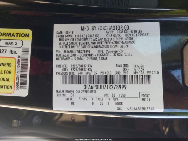 Aukcja sprzedaży 2018 Ford Fusion Hybrid S, vin: 3FA6P0UU7JR278999, numer aukcji: 45922178