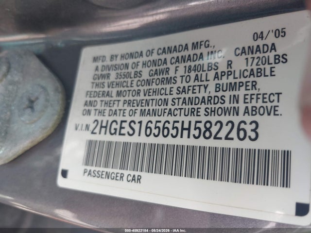 2005 Honda Civic Lx მანქანა იყიდება აუქციონზე, vin: 2HGES16565H582263, აუქციონის ნომერი: 45922184