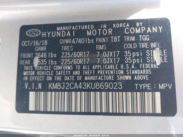 Aukcja sprzedaży 2019 Hyundai Tucson Se, vin: KM8J2CA43KU869023, numer aukcji: 45922195