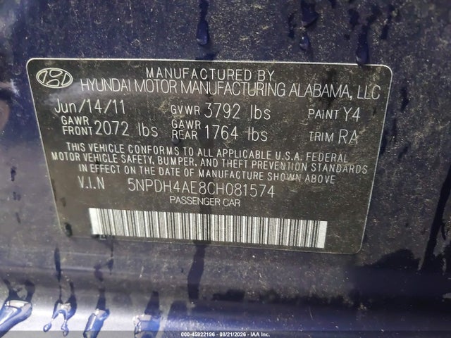 2012 Hyundai Elantra Limited მანქანა იყიდება აუქციონზე, vin: 5NPDH4AE8CH081574, აუქციონის ნომერი: 45922196