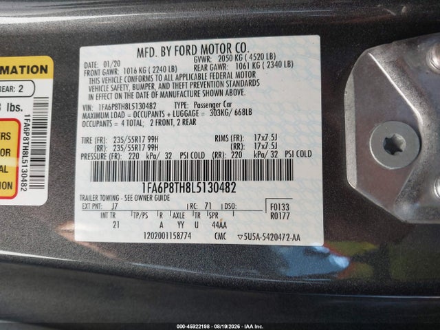 45922198 :رقم المزاد ، 1FA6P8TH8L5130482 vin ، 2020 Ford Mustang Ecoboost Fastback مزاد بيع