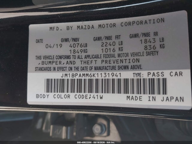 45922200 :رقم المزاد ، JM1BPAMM6K1131941 vin ، 2019 Mazda Mazda3 Preferred Package مزاد بيع