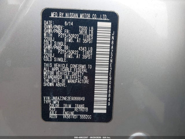 Продаж на аукціоні авто 2014 Infiniti Qx80, vin: JN8AZ2NE2E9068849, номер лоту: 45922207