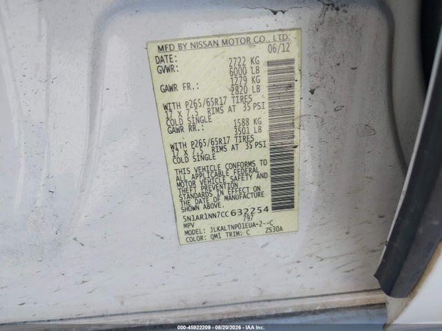 2012 Nissan Pathfinder Sv მანქანა იყიდება აუქციონზე, vin: 5N1AR1NN7CC632254, აუქციონის ნომერი: 45922209