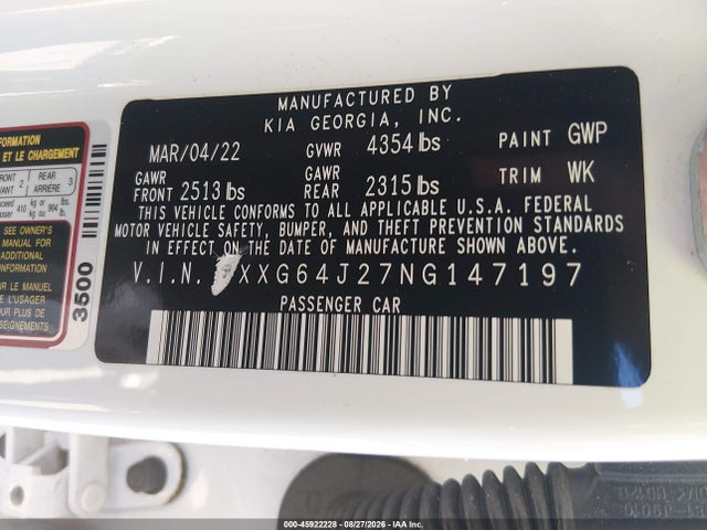45922228 :رقم المزاد ، 5XXG64J27NG147197 vin ، 2022 Kia K5 Gt-line مزاد بيع