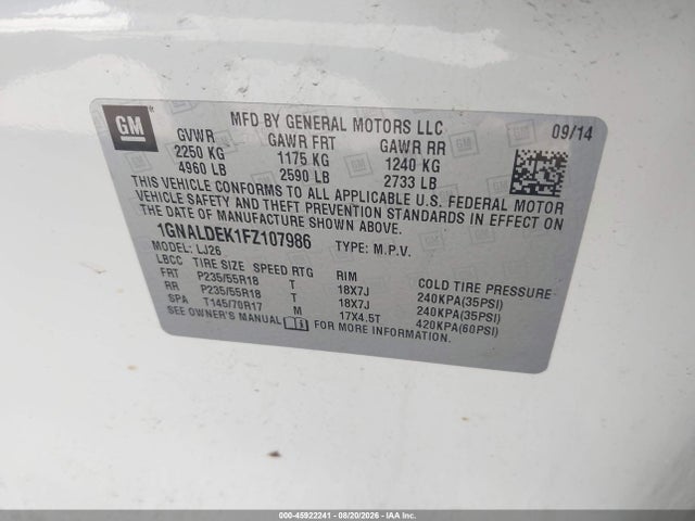 2015 Chevrolet Equinox Ltz მანქანა იყიდება აუქციონზე, vin: 1GNALDEK1FZ107986, აუქციონის ნომერი: 45922241