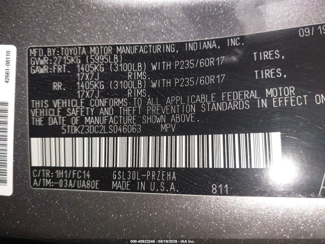 2020 Toyota Sienna Le მანქანა იყიდება აუქციონზე, vin: 5TDKZ3DC2LS046063, აუქციონის ნომერი: 45922246