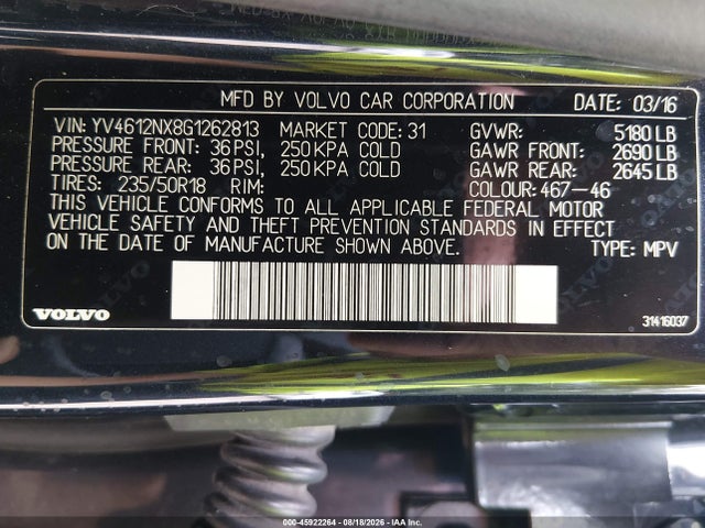 Aukcja sprzedaży 2016 Volvo Xc70 T5 Premier, vin: YV4612NX8G1262813, numer aukcji: 45922264