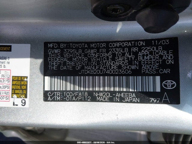Продаж на аукціоні авто 2004 Toyota Prius, vin: JTDKB20U740023606, номер лоту: 45922271