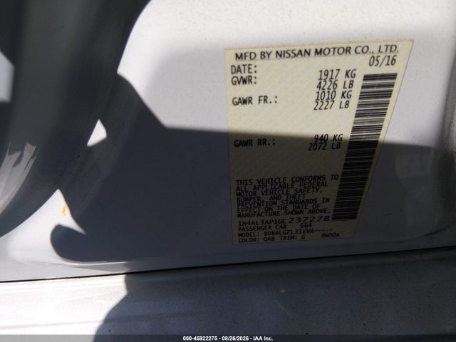 45922275 :رقم المزاد ، 1N4AL3AP1GC237278 vin ، 2016 Nissan Altima 2.5/2.5 S/2.5 Sl/2.5 Sr/2.5 Sv مزاد بيع