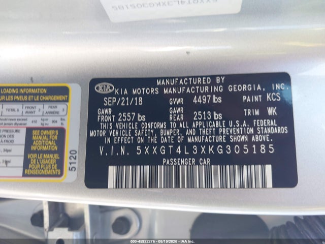 Продажа на аукционе авто 2019 Kia Optima Lx, vin: 5XXGT4L3XKG305185, номер лота: 45922276
