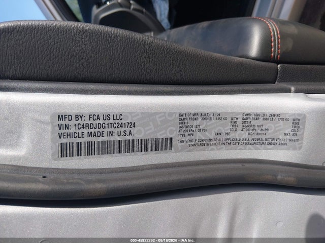 2026 Dodge Durango Gt Awd მანქანა იყიდება აუქციონზე, vin: 1C4RDJDG1TC241724, აუქციონის ნომერი: 45922292