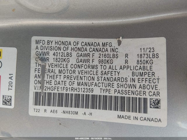 2024 Honda Civic Touring მანქანა იყიდება აუქციონზე, vin: 2HGFE1F91RH312359, აუქციონის ნომერი: 45922296