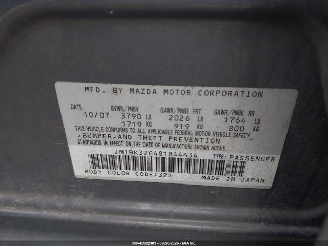 2008 Mazda Mazda3 I მანქანა იყიდება აუქციონზე, vin: JM1BK32G481844434, აუქციონის ნომერი: 45922301