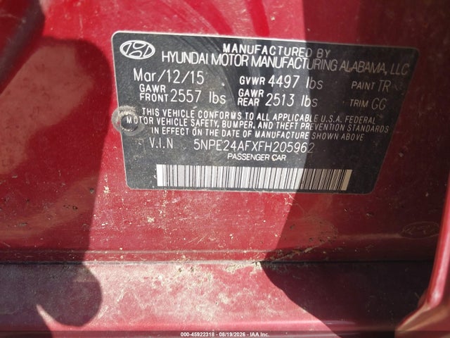 Aukcja sprzedaży 2015 Hyundai Sonata Se, vin: 5NPE24AFXFH205962, numer aukcji: 45922318