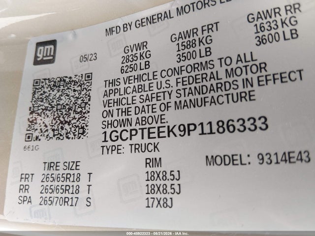 45922323 :رقم المزاد ، 1GCPTEEK9P1186333 vin ، 2023 Chevrolet Colorado 4wd  Short Box Trail Boss مزاد بيع