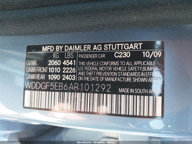 45922332 :رقم المزاد ، WDDGF5EB6AR101292 vin ، 2010 Mercedes-benz C 300 Luxury/sport مزاد بيع