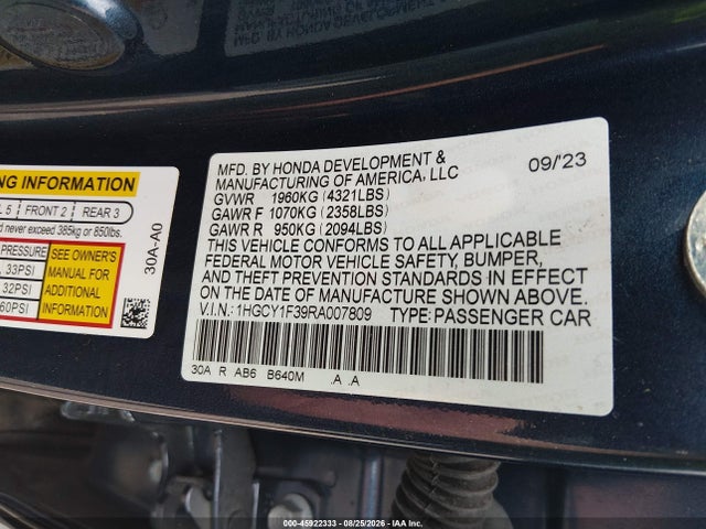 2024 Honda Accord Ex მანქანა იყიდება აუქციონზე, vin: 1HGCY1F39RA007809, აუქციონის ნომერი: 45922333