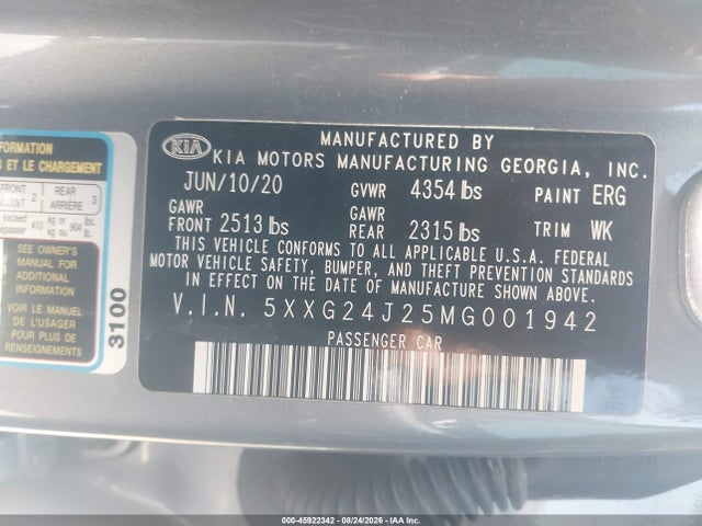 2021 Kia K5 Lx მანქანა იყიდება აუქციონზე, vin: 5XXG24J25MG001942, აუქციონის ნომერი: 45922342