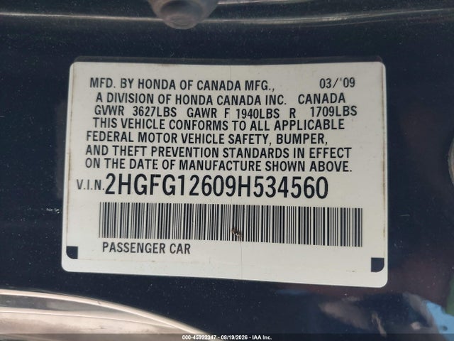 Продаж на аукціоні авто 2009 Honda Civic Lx, vin: 2HGFG12609H534560, номер лоту: 45922347