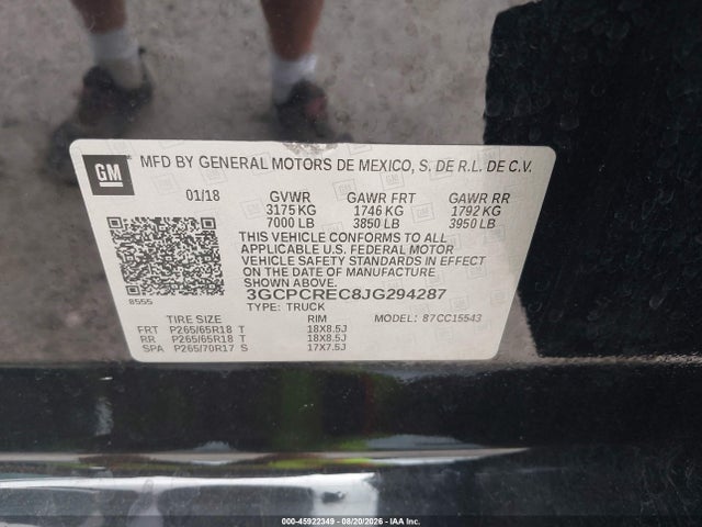Aukcja sprzedaży 2018 Chevrolet Silverado 1500 1lt, vin: 3GCPCREC8JG294287, numer aukcji: 45922349