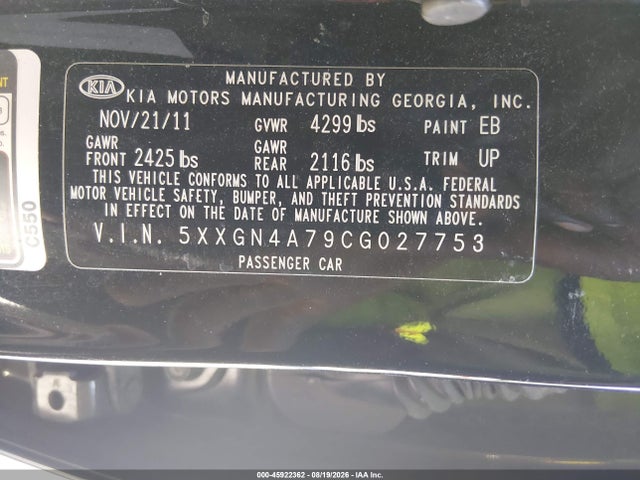 Продажа на аукционе авто 2012 Kia Optima Ex, vin: 5XXGN4A79CG027753, номер лота: 45922362