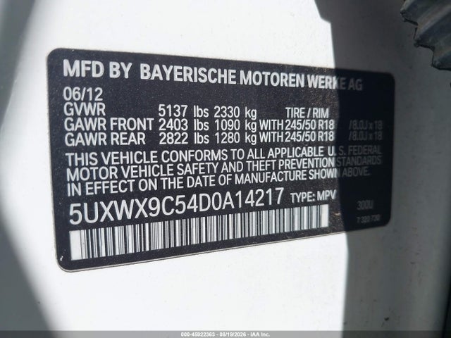 Aukcja sprzedaży 2013 Bmw X3 Xdrive28i, vin: 5UXWX9C54D0A14217, numer aukcji: 45922363