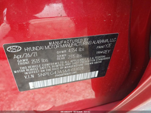 Продаж на аукціоні авто 2021 Hyundai Sonata Se, vin: 5NPEG4JA5MH131028, номер лоту: 45922370