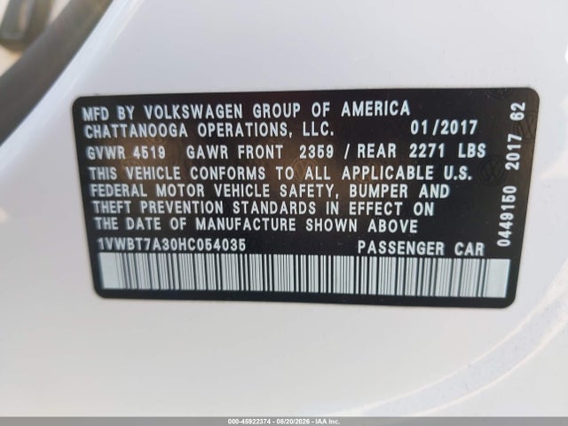 45922374 :رقم المزاد ، 1VWBT7A30HC054035 vin ، 2017 Volkswagen Passat 1.8t Se مزاد بيع