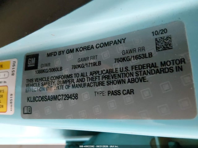 45922392 :رقم المزاد ، KL8CD6SA9MC729458 vin ، 2021 Chevrolet Spark Fwd 1lt Automatic مزاد بيع