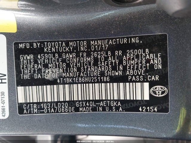 45922393 :رقم المزاد ، 4T1BK1EB6HU251186 vin ، 2017 Toyota Avalon Xle مزاد بيع