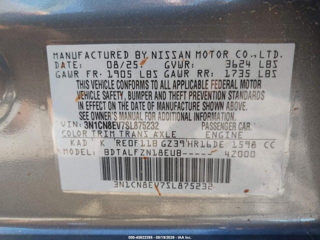 Aukcja sprzedaży 2025 Nissan Versa 1.6 Sv, vin: 3N1CN8EV7SL875232, numer aukcji: 45922395