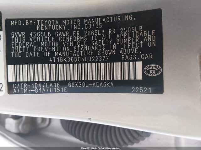 Продаж на аукціоні авто 2005 Toyota Avalon Xls, vin: 4T1BK36B05U022377, номер лоту: 45922405
