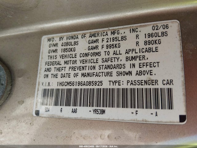 2006 Honda Accord 2.4 Vp მანქანა იყიდება აუქციონზე, vin: 1HGCM56196A085925, აუქციონის ნომერი: 45922409
