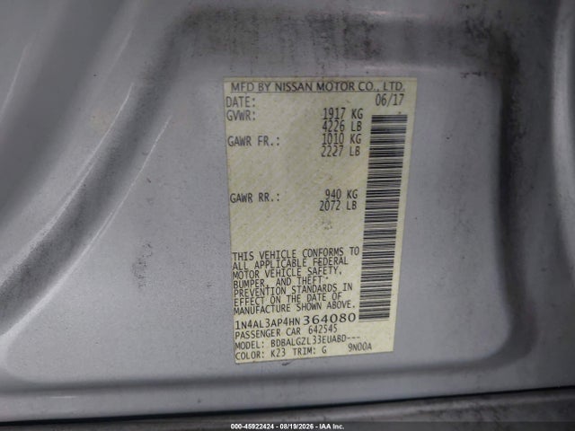 Aukcja sprzedaży 2017 Nissan Altima 2.5 S, vin: 1N4AL3AP4HN364080, numer aukcji: 45922424