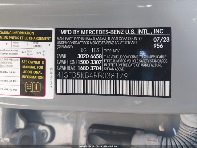 Aukcja sprzedaży 2024 Mercedes-benz Gle 450 4matic, vin: 4JGFB5KB4RB038179, numer aukcji: 45922433