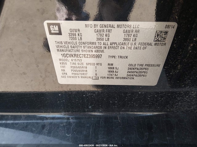 Продаж на аукціоні авто 2014 Chevrolet Silverado 1500 Lt, vin: 1GCVKREC7EZ395997, номер лоту: 45922436