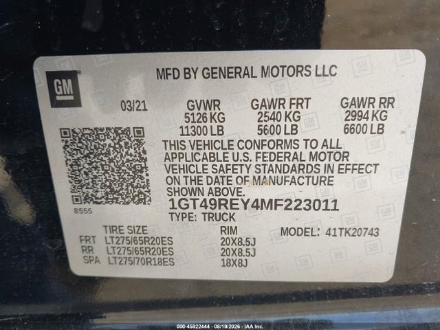 45922444 :رقم المزاد ، 1GT49REY4MF223011 vin ، 2021 Gmc Sierra 2500hd 4wd  Standard Bed Denali مزاد بيع