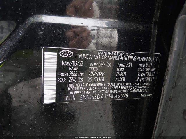 Aukcja sprzedaży 2022 Hyundai Santa Fe Sel, vin: 5NMS3DAJ3NH461778, numer aukcji: 45922454